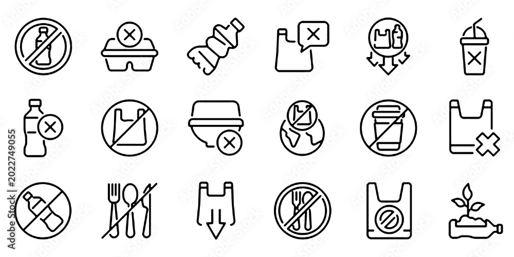 Fototapeta premium Set of Outline Icons Related to Plastic Waste Bans and Plastic-Free Concept, Linear Icon Collection with Editable Stroke, Environmental Protection and Zero Plastic Symbols Vector Illustration