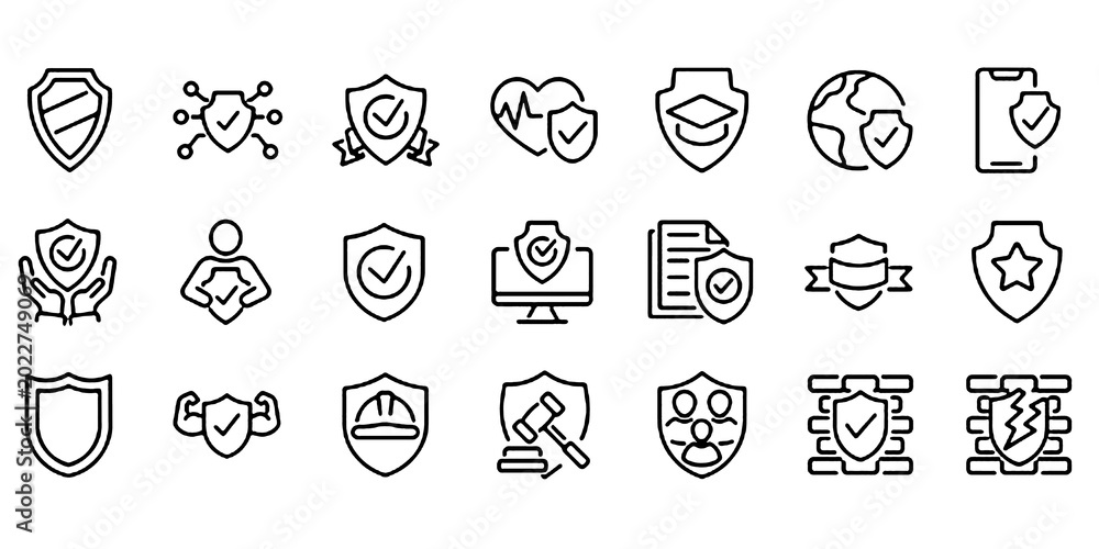 Fototapeta premium Set of Outline Icons Related to Shield and Protection, Linear Icon Collection with Editable Stroke, Security and Defense Symbols Vector Illustration