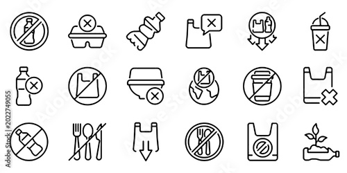 Tablou pe pânză Set of Outline Icons Related to Plastic Waste Bans and Plastic-Free Concept, Lin