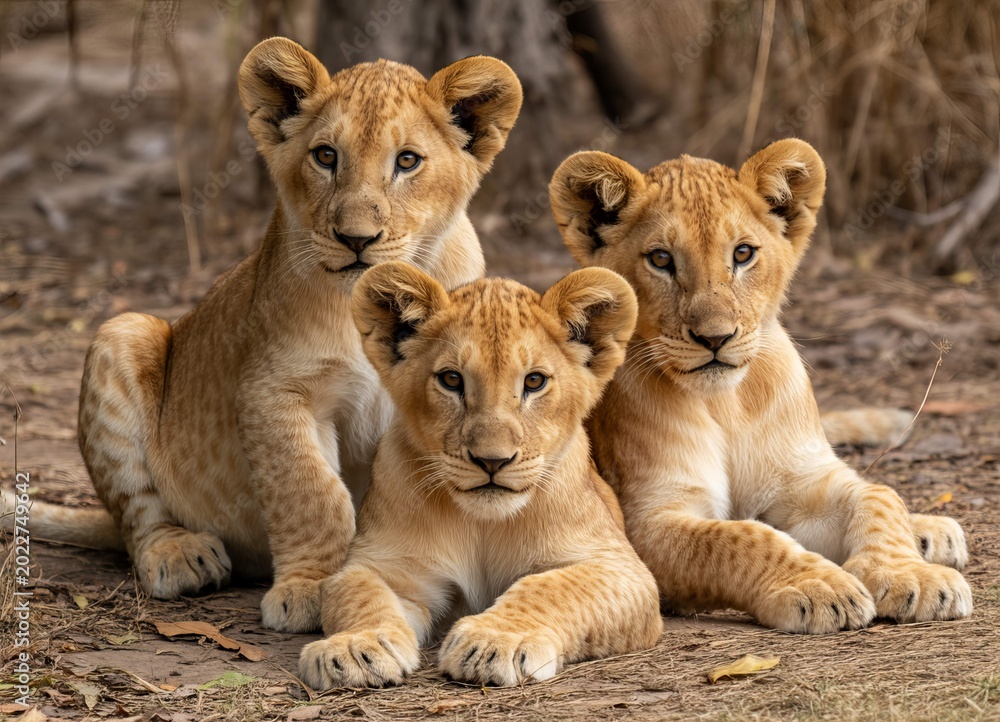 Fototapeta premium Three young lion cubs resting together animal wildlife