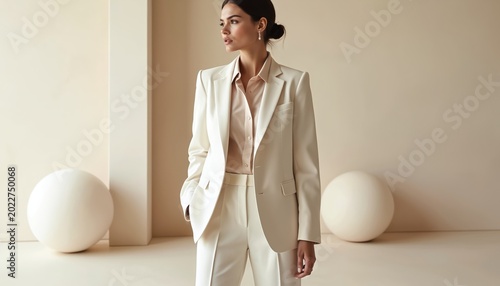 Woman in elegant cream pantsuit stands with hands in pockets. Beige shirt and tailored blazer, simple studio background with spheres. Modern business attire.