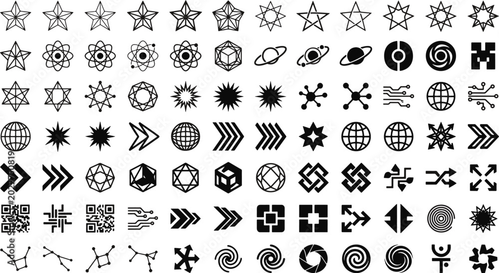 Obraz premium Abstract futuristic techno symbols geometric shapes network constellations cosmic stars science and technology elements graphics bundle digital asset vector illustration