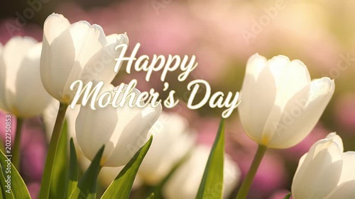 White Tulips Blooming in Field with Happy Mother's Day Greeting