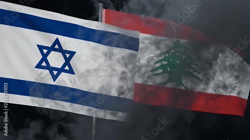 Israel and Lebanon Flags Waving with Smoke Over Black Background