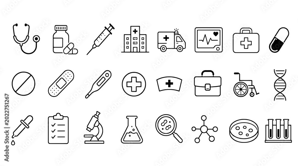 Naklejka premium Drug Discovery Medical Research Icons Set - 24 Modern Line Icons Collection for Web, Mobile App, Dashboard and Business UI Design