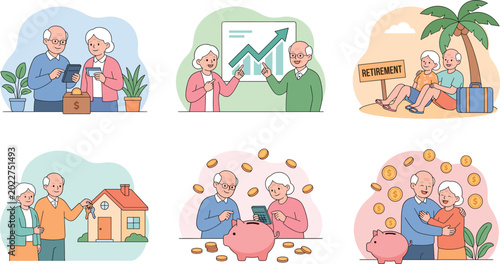 Bild auf Leinwand Retirement planning and senior financial management illustration set with saving