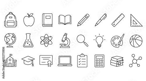 K-12 Elementary Middle School Icons Set - 24 Modern Line Icons Collection for Web, Mobile App, Dashboard and Business UI Design