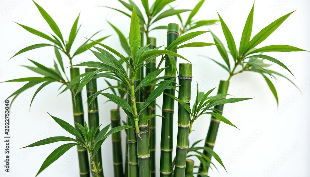 Fototapeta premium Green bamboo stalks with leaves grow in a bright studio. Tall fresh stems have segmented texture. Minimalist plant composition on clean white background.