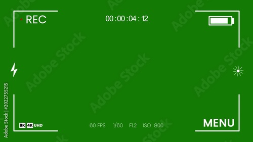 REC text camera recording icon blink animation, Video camera recorder screen overlay on a transparent background, DSLR camera frame viewfinder, camera viewfinder on green screen in UHD, 4K