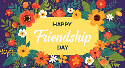 Happy friendship day greeting card with floral frame