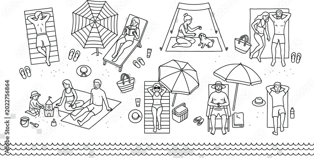 Fototapeta premium Summer Beach Vacation Life Line Art Illustration