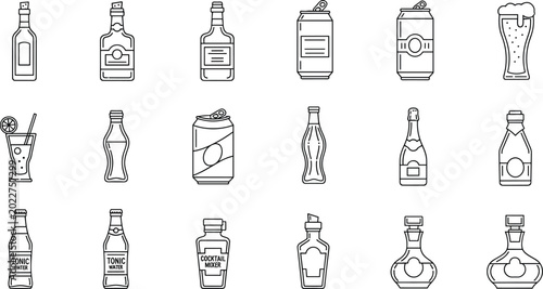 Photos Beverage Bottles and Cans Icon Set Featuring Soft Drinks, Alcoholic Beverages, C