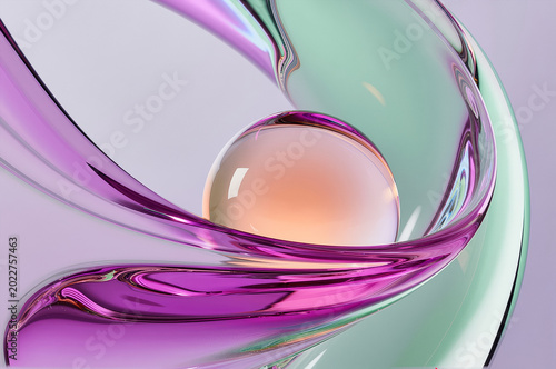 Glass sphere rests within a translucent violet swirl of curved liquid form under soft diffused illumination, highlighting smooth surfaces and fluid geometric motion.