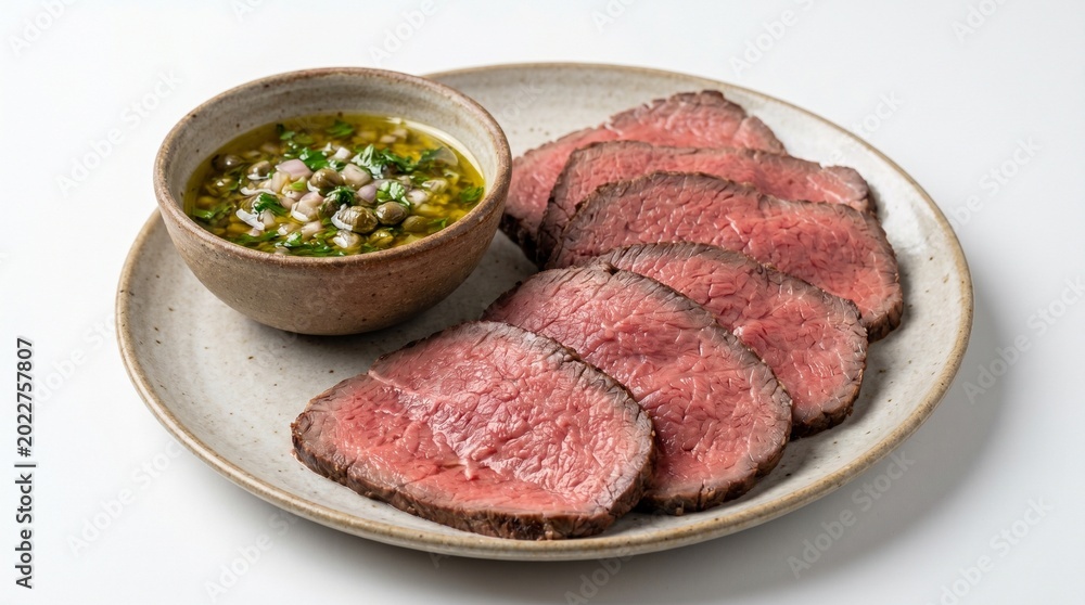 Fototapeta premium Sliced roast beef with sauce, a culinary delight for foodies. The dish on the plate Isolated on white background