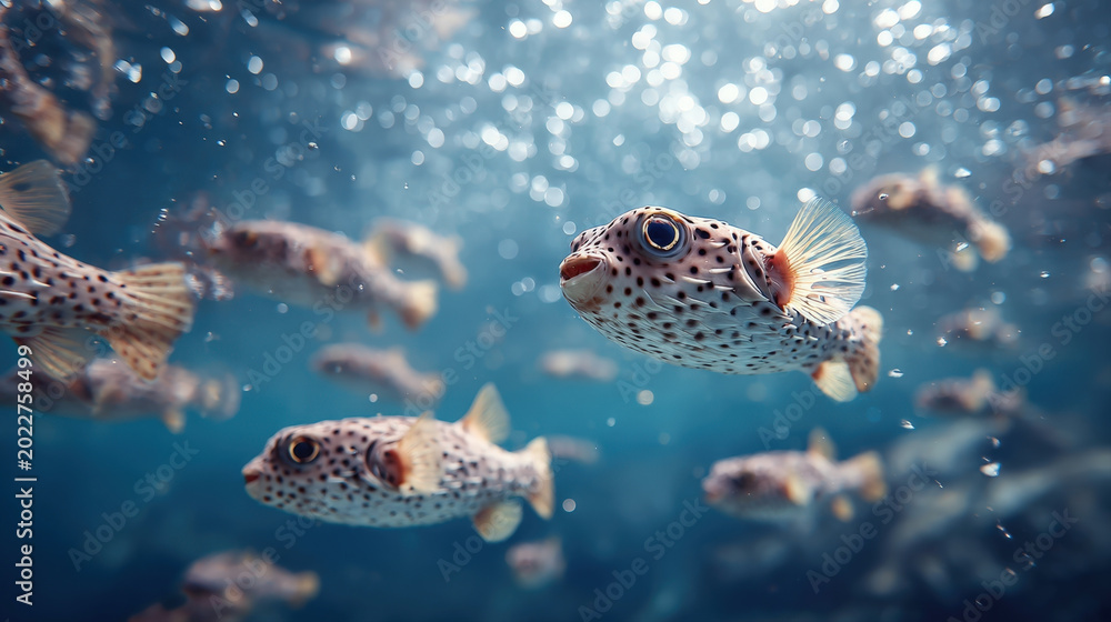 Fototapeta premium Underwater Photography of a School of Spotted Pufferfish Swimming Together in Deep Blue Ocean Water with Sunlight Shimmering Through the Surface and Bubbles in the Background.