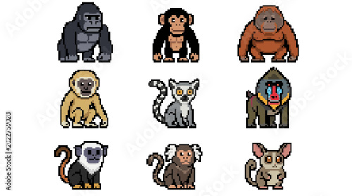 Εκτύπωση καμβά Pixelated primate collection showcasing various species, including gorillas, chi