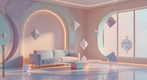 Surreal Futuristic Living Room with Floating Geometric Crystals, Modern Sofa, and Dreamy Pastel Interior Design