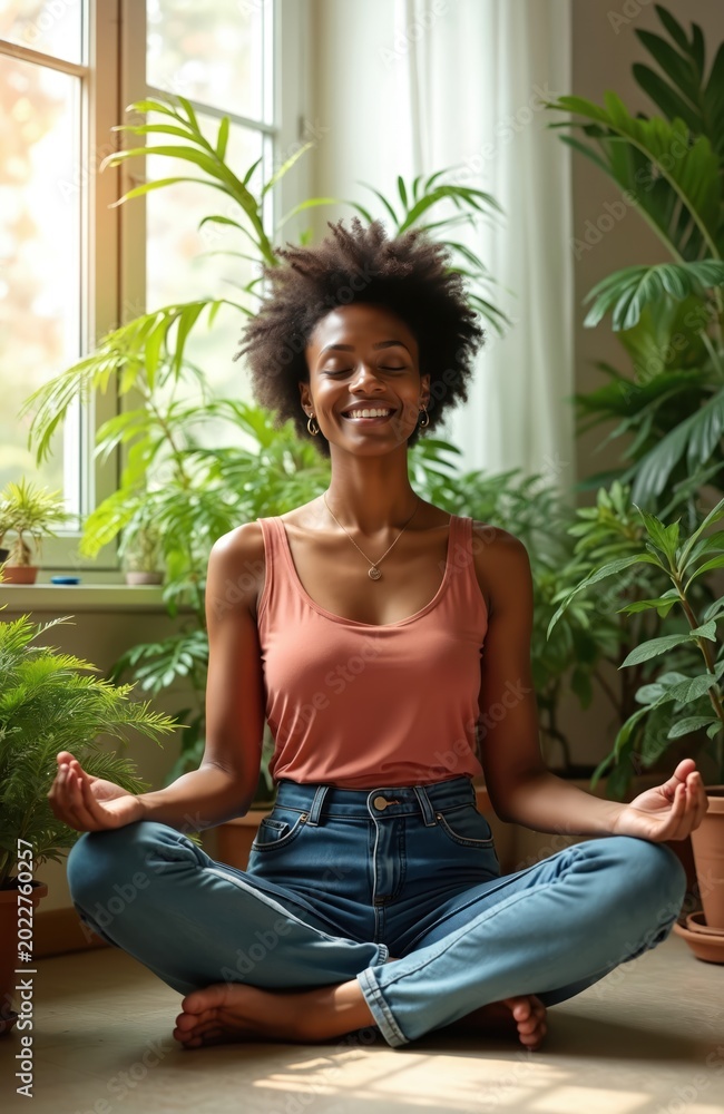 Fototapeta premium Black woman meditates sitting in lotus pose with eyes closed and smile. She wears jeans and tank top surrounded by many green houseplants. She finds peace and calm energy at home.