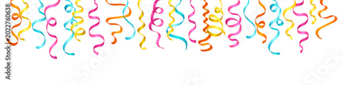 Tableau sur toile Colorful hanging party streamers border, curly ribbons frame isolated on white background