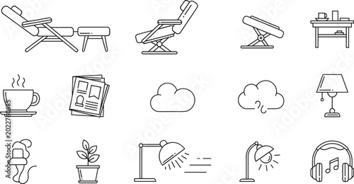 Tableau sur toile Relaxation and Workspace Icon Set Featuring Recliner, Lamp, Coffee, Plant, and O