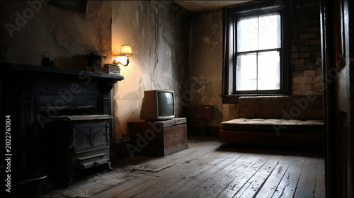 Cinematic Vintage Room Interior with Old CRT Television and Wood Stove
