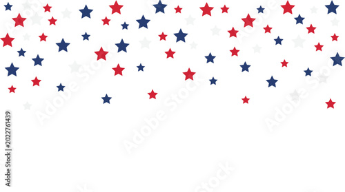 Stars red and blue confetti falling on white background. Bright decoration for Birthday party, invitation, card, web. Happy Independence Day border. Usa celebration design. Vector illustration