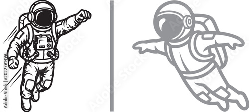 Foto Astronaut vector icon set with a flying spaceman in line art and silhouette styl