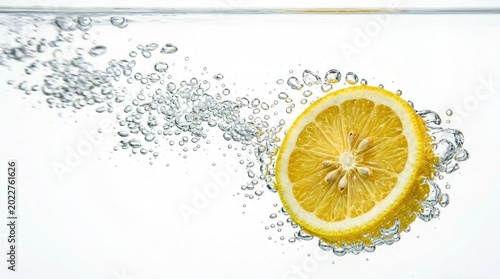 Sliced lemon in water with bubbles refreshing citrus fruit splash studio shot