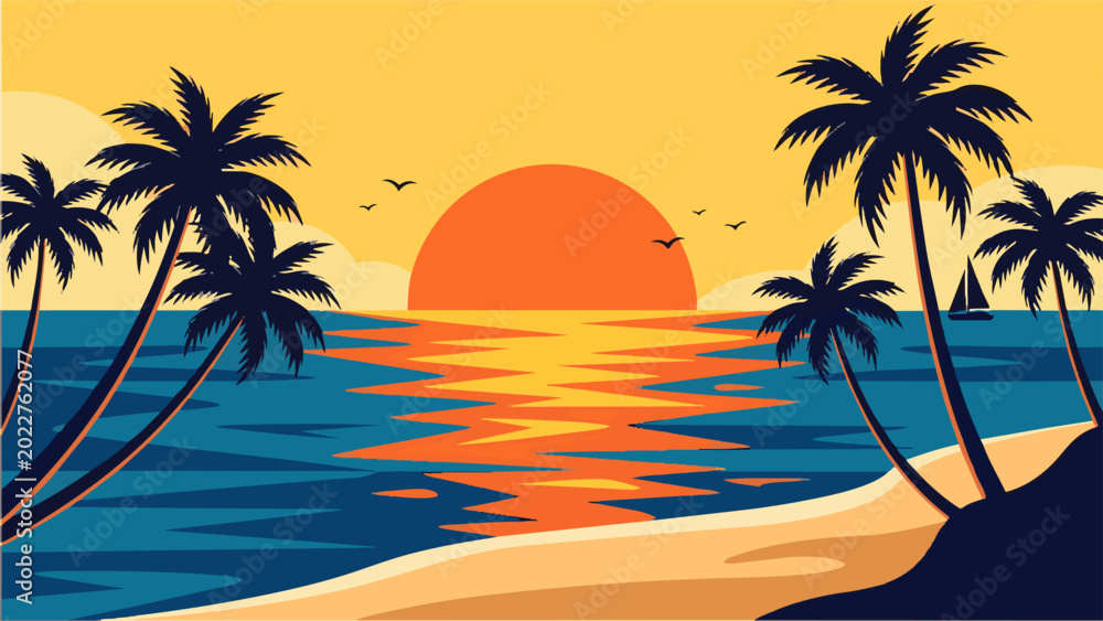 Fototapeta premium Beautiful Sunset Over Tropical Ocean with Palm Trees and Birds.