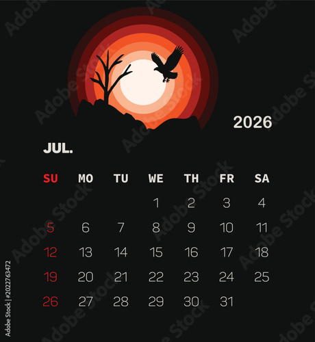 Dark Abstract July 2026 Calendar Vector, Modern Sunset Landscape Monthly Planner, Editable Minimal Calendar Design
