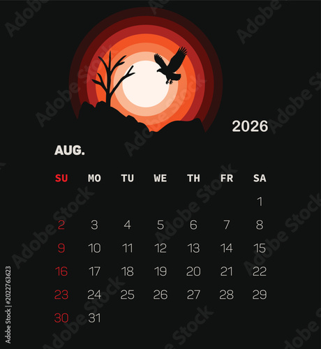 Dark Abstract August 2026 Calendar Vector, Modern Sunset Landscape Monthly Planner, Editable Minimal Calendar Design