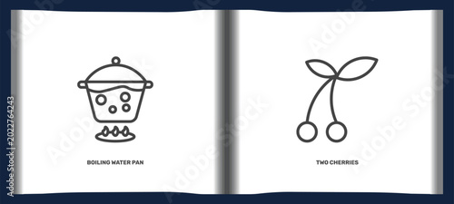 restaurant icon set with boiling water pan, two cherries signs in flat outline style. linear icons for ui, web and printing