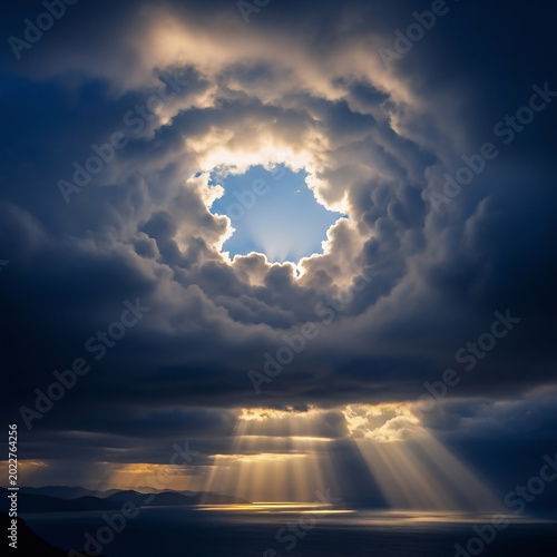 Dramatic photograph capturing golden sunlight beams piercing through a circular opening in heavy dark storm clouds above the calm ocean surface creating a powerful and hopeful mood for all viewers