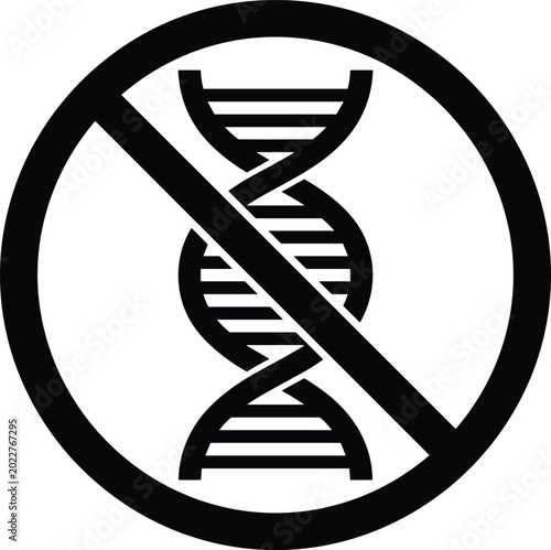Minimalist Black Silhouette Vector Icon of a DNA Helix with a Prohibited Sign Representing Non-GMO Products and Anti-Genetic Modification Concept