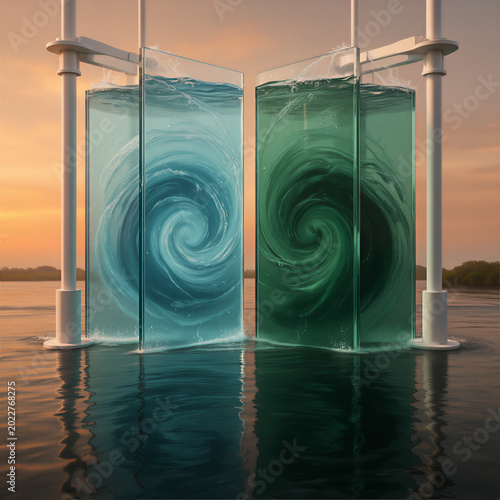 Salinity Gradient Energy Concept at Sunset, Blue and Green Water Swirls in Glass Interface, Sustainable Power Technology, Marangoni Effect Visualization in Estuary Plant