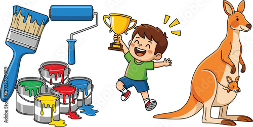 Tableau sur toile Paint roller and colorful paint cans, happy boy holding trophy and kangaroo with