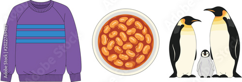 Foto Purple striped sweater, bowl of baked beans and penguin family illustration set