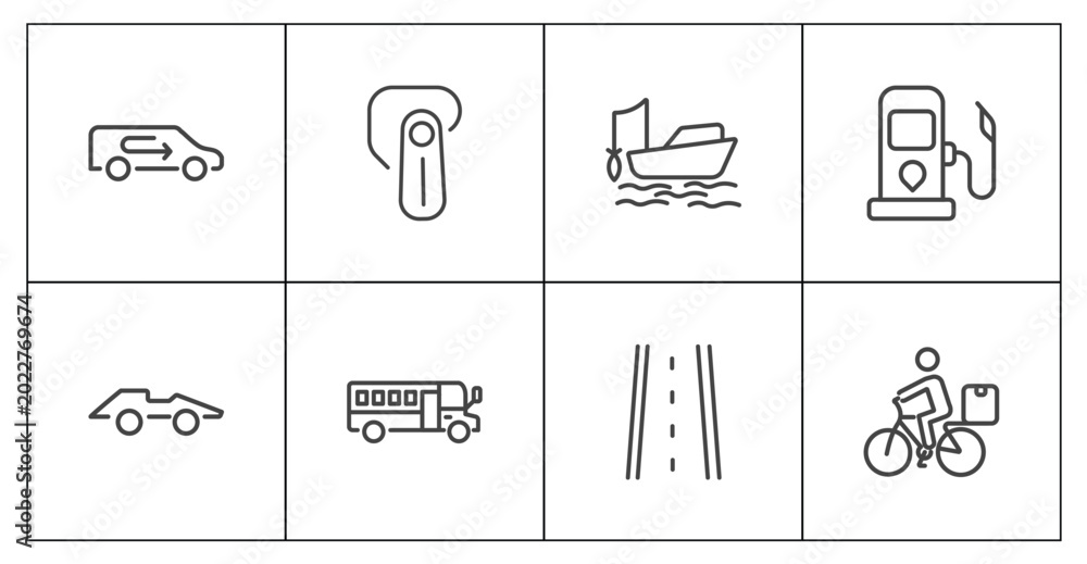 Obraz premium transportation icon set with recirculation, hands free device, road with broken lines, delivery bike signs in flat outline style