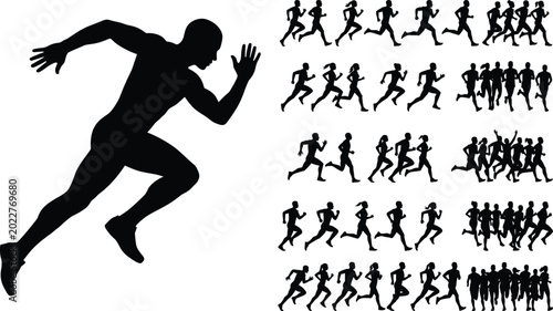 Fotografie Large silhouette of a male sprinter alongside various smaller silhouettes of men