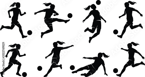 Bild auf Leinwand Set of black silhouettes featuring female soccer players in action poses includi