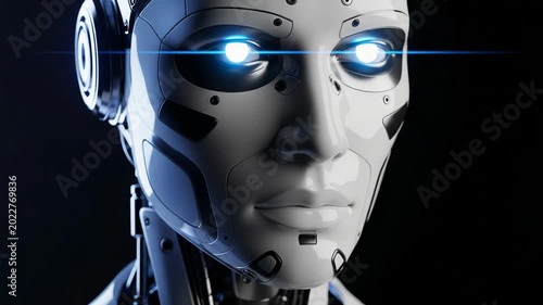 Closeup of a futuristic humanoid robot face with glowing eyes