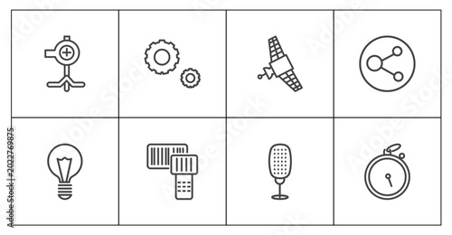 Photography technology icon set with pitching hine, services, old mic, stopwatch running sig
