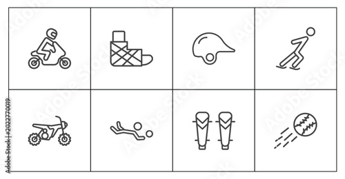 Tableau sur toile sport and game icon set with motorbike riding, sprained ankle, shin guards, home