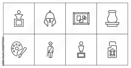 Tableau sur toile museum and exhibition icon set with sculpture, roman or greek helmet, bust, arch