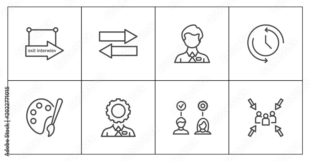 Fototapeta premium human resources icon set with exit interview, compare, onboarding, meeting point signs in flat outline style