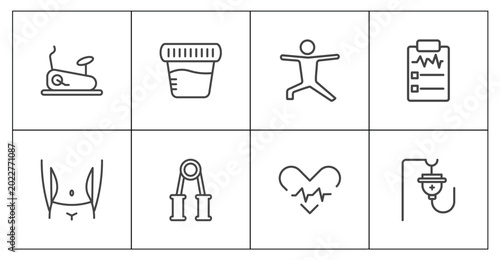 Fotografía health and medical icon set with stationary bike, urine, beat, saline signs in f