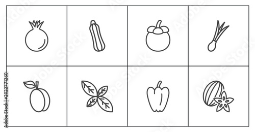 Foto vegetables and fruits icon set with pomegranate, courgette, paprika, carambola s