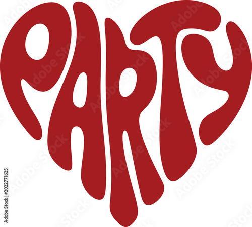  illustration of the word “Party” arranged in a heart shape.