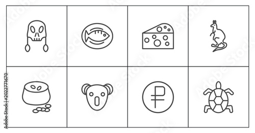 Photography culture and civilization icon set with native american skull, cantonese fish, ru