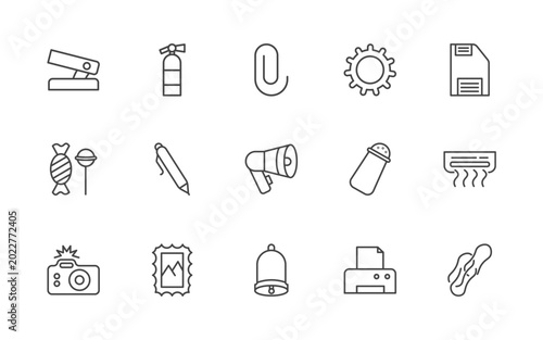 Foto tools and utensils icon set with hole puncher, flame extinguisher, attachments,